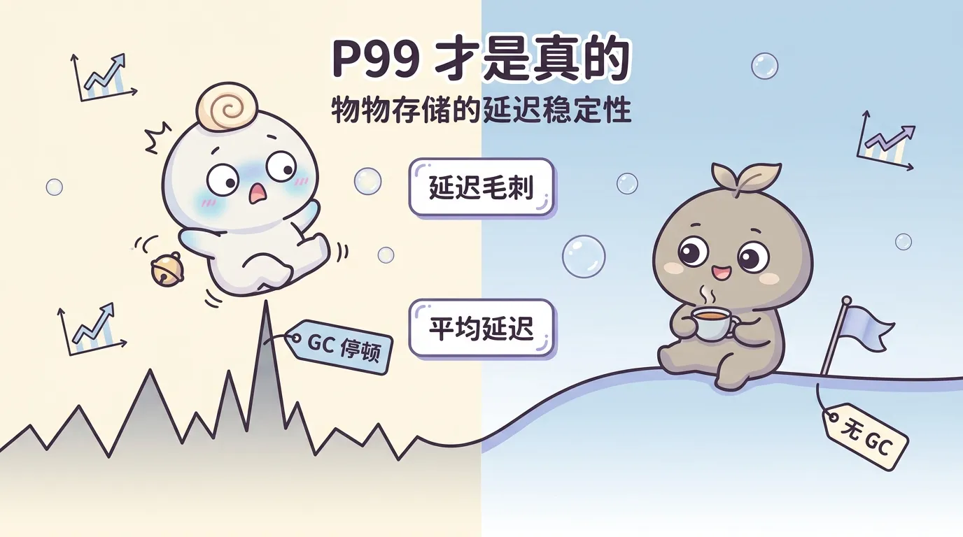 GC 停顿、平均延迟与 P99 尾延迟的示意图