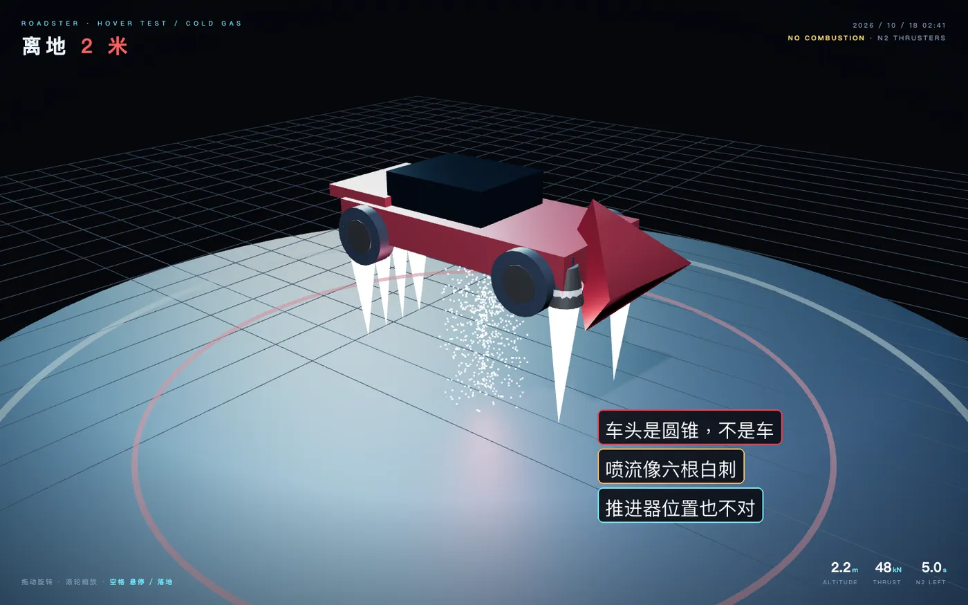 DeepSeek-V4.1-Flash-1017 实测：3D 飞行特斯拉，红色圆锥车头、六道白色喷流，像火箭卡丁车
