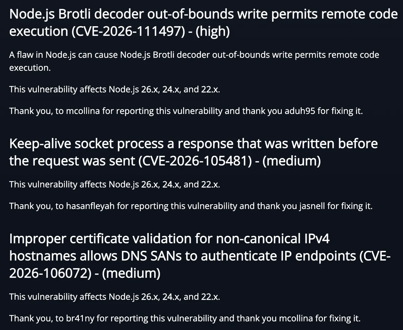 Node.js 安全发布：Brotli 解码器越界写 CVE-2026-111497，评级 high