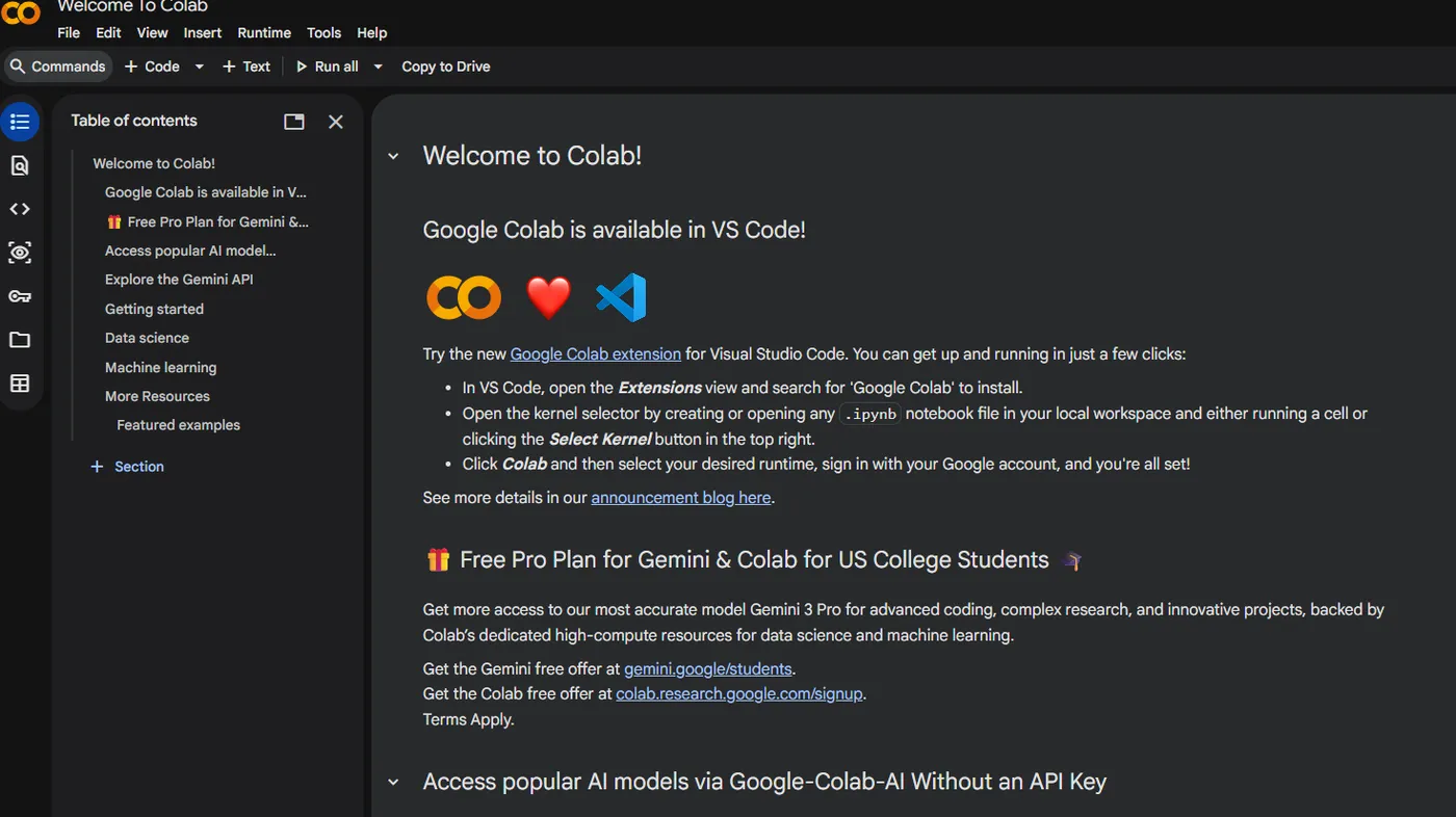 进入Colab的欢迎页面截图