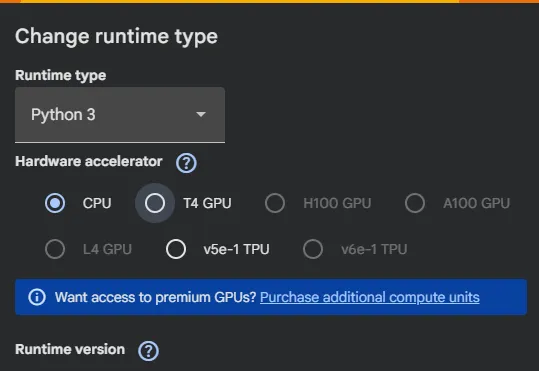 进入change runtime type后鼠标选择T4GPU的截图