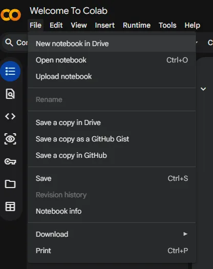 Colab菜单栏打开File鼠标指向其下拉菜单new notebook in drive的截图