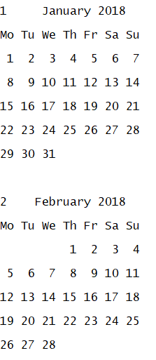 Python打印2018年的日历（【问题描述】 打印2018年的日历 【输入形式】 【输出形式】 【样例输入】 【样例输出】）