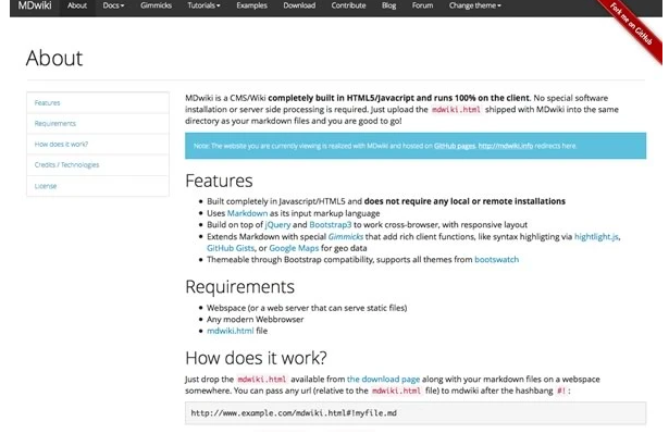 MDWiki —— 基于 Markdown 和 HTML 5 的纯客户端 Wiki/CMS