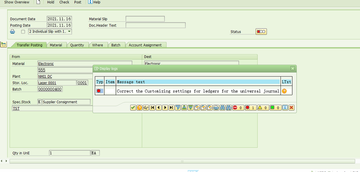 SAP MM MIGO 411K 报错 - Correct the Customizing settings for ledgers for the universal journal –（一）