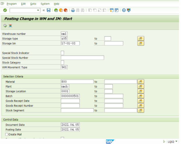 SAP WM初阶LQ02报错 - Movement Type 901 for manual transfer orders does not exist -