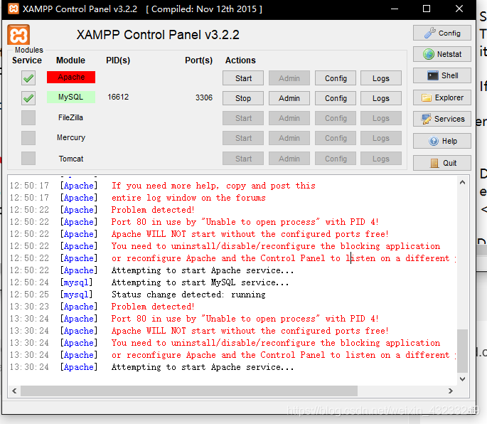 XAMPP提示Error: Apache shutdown unexpectedly.