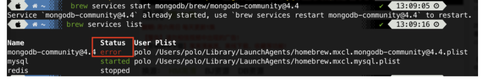 MongoDB 常见问题 - 解决 brew services list 查看 MongoDB 服务 status 显示 error 的问题 