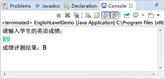 Java初学者作业——编写JAVA程序，在控制台输入一位学生的英语考试成绩，根据评测规则，输出对应的成绩等级。定义方法实现学生成绩的评测功能。