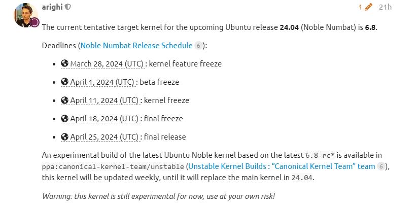 Ubuntu24.04LTS默认采用Linux 6.8内核，实验性版本可通过PPA获得