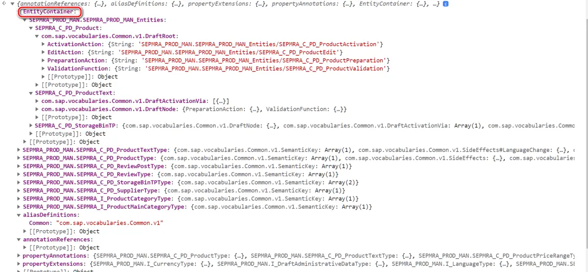 SAP UI5 Fiori Elements annotation 解析出来的 entity container