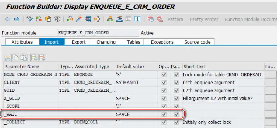 关于 SAP ABAP Enqueue Function Module 的输入参数 _wait