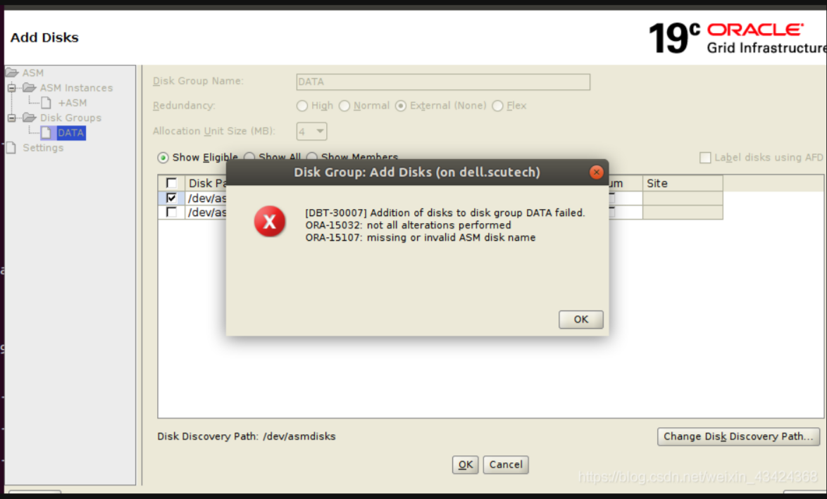 创建asm disk 磁盘组出错！ ORA-15018 And ORA-15107 (Doc ID 2678808.1)