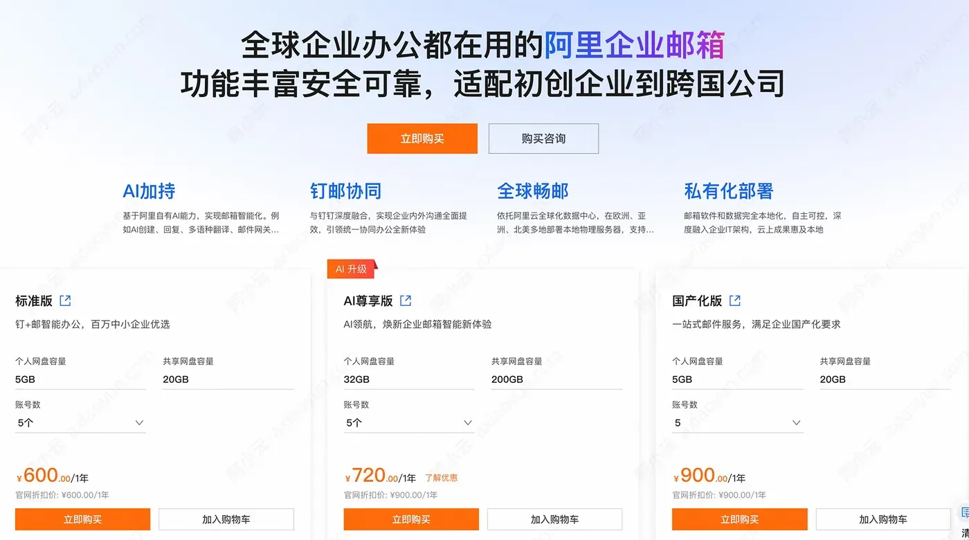 阿里企业邮箱收费标准价格表