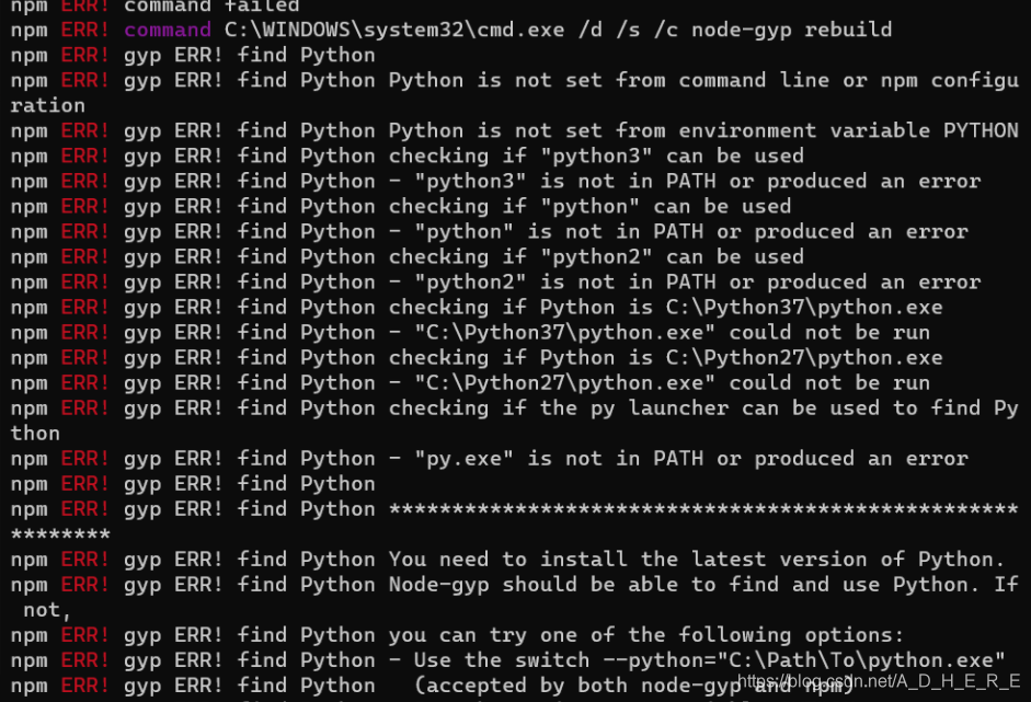 npm install报错gyp ERR&！ stack Error： Can‘t find Python executable python