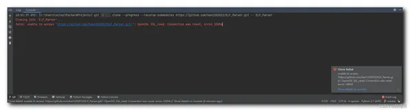 【错误记录】PyCharm 中从 GitHub 中 Clone 代码到本地报错 ( OpenSSL SSL_read: Connection was reset, errno 10054 )