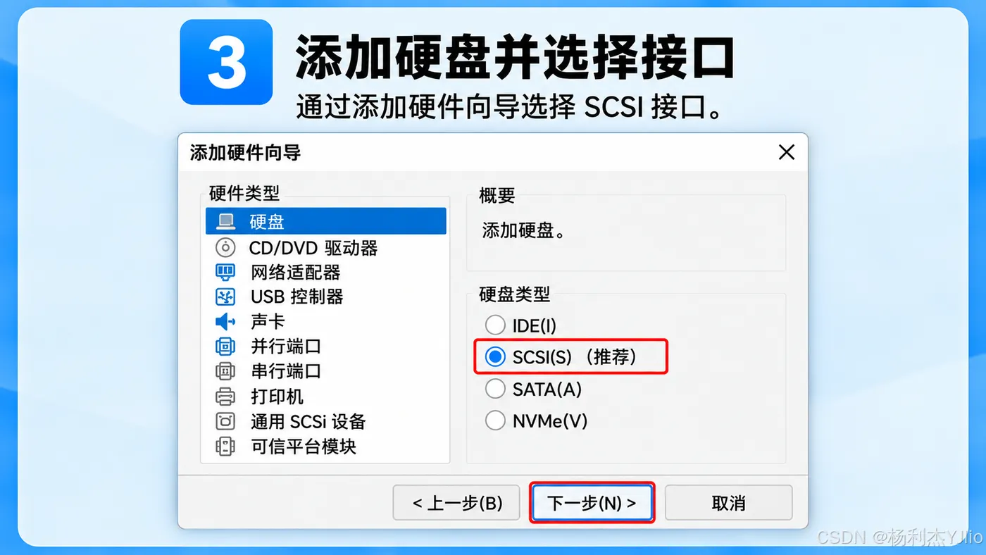 步骤3：添加硬盘并选择SCSI接口