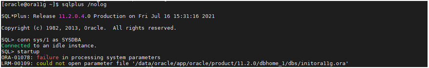 linux下oracle数据库由于参数文件丢失导致的数据库服务启动失败，报“failure in processing system parameters“错误问题解决