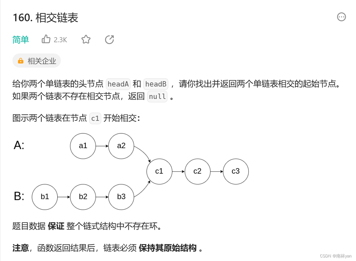 leetcode：160. 相交链表