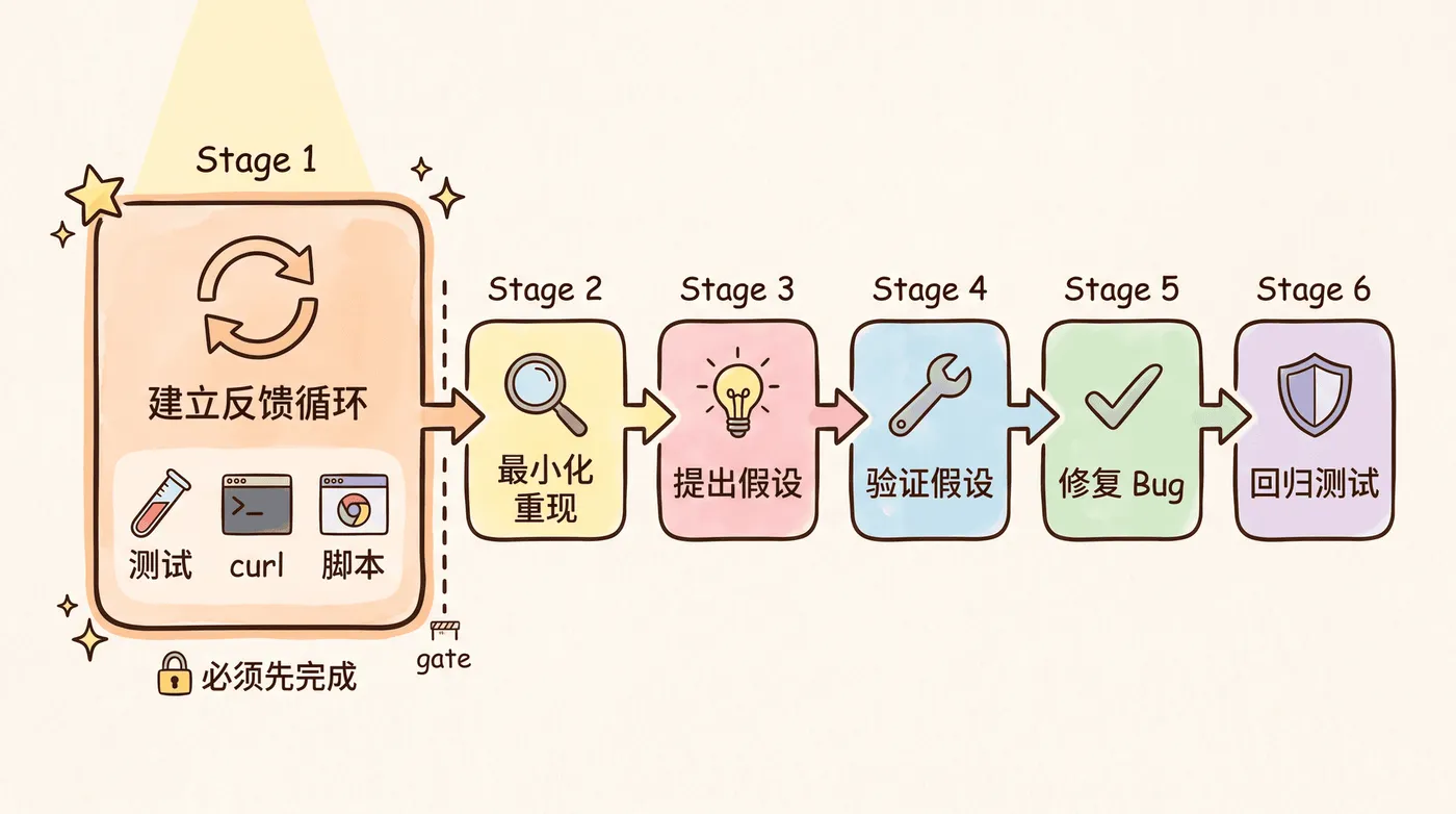 Bug 诊断 6 阶段流程图（反馈循环优先）