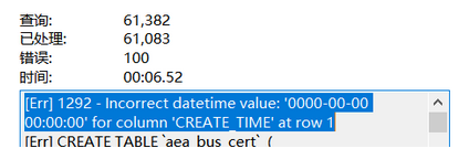 MySQL:[Err] 1292 - Incorrect datetime value: ‘0000-00-00 00:00:00‘ for column ‘CREATE_TIME‘ at row 1