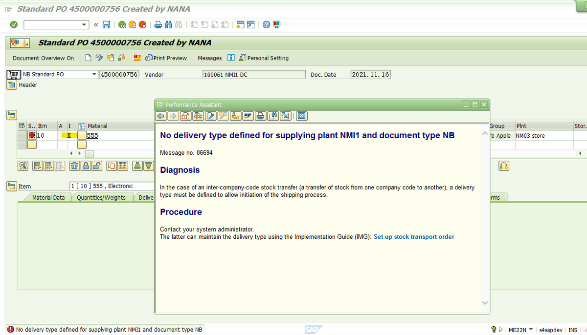 SAP MM 维护公司间STO报错-No delivery type defined for supplying plant NMI1 and document type NB-