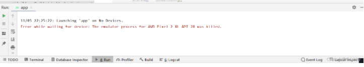 Error while waiting for device: The emulator process for AVD Pixel_2_XL_API_28 was killed.