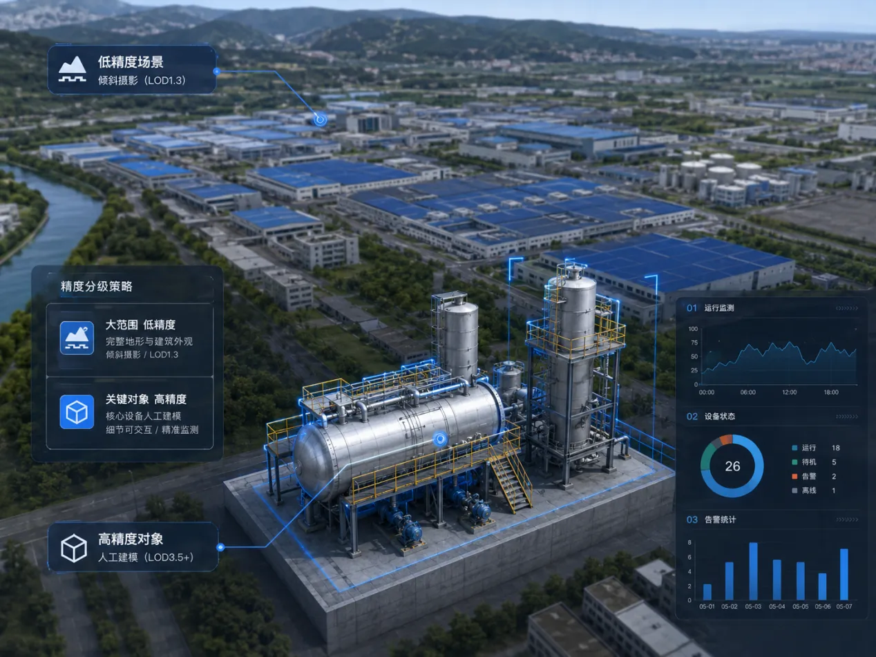 数字孪生按业务用途进行建模精度分级，倾斜摄影覆盖大范围场景、关键设备采用高精度建模