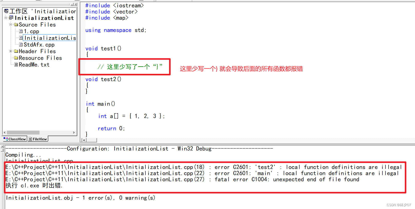 Error：error C2601: ‘b‘ : local function definitions are illegal error C2063: ‘b‘ : not a function