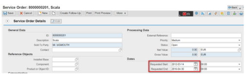 SAP CRM销售订单UI上的字段对应的数据库表存储字段：requested start date和end date