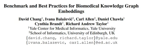 ACL-BioNLP 2020 | 耶鲁大学实践成果：生物医药知识图谱嵌入模型基准测试