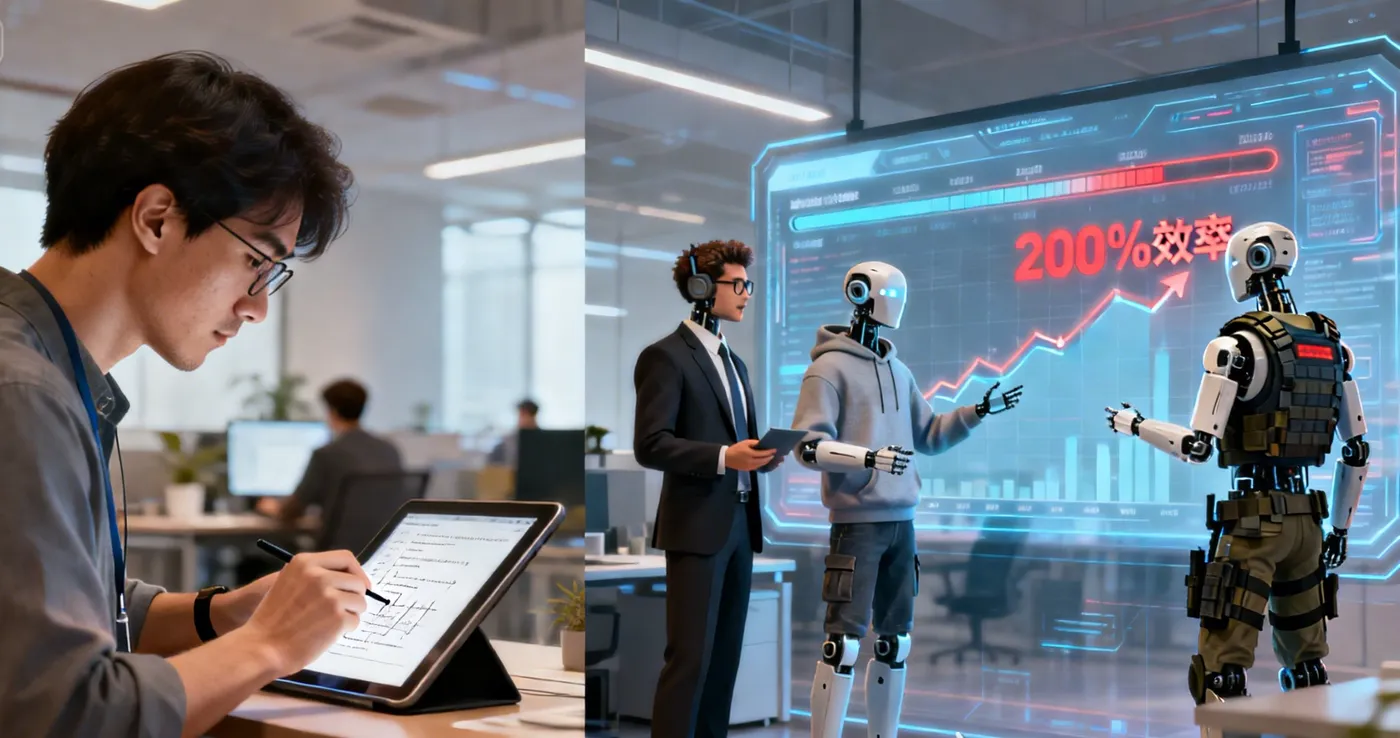 dreamina-2026-01-22-7304-[分镜头 2：协作场景呈现] 画面描述： 一个分屏设计的办公场景。左侧是人类开发....jpeg