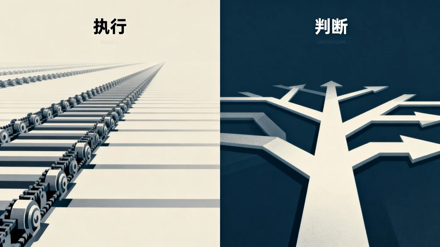 jimeng-2026-01-21-7428-对比隐喻画面，左侧呈现重复、机械、线性前进的路径，右侧呈现开放、多分岔、需要判断....png