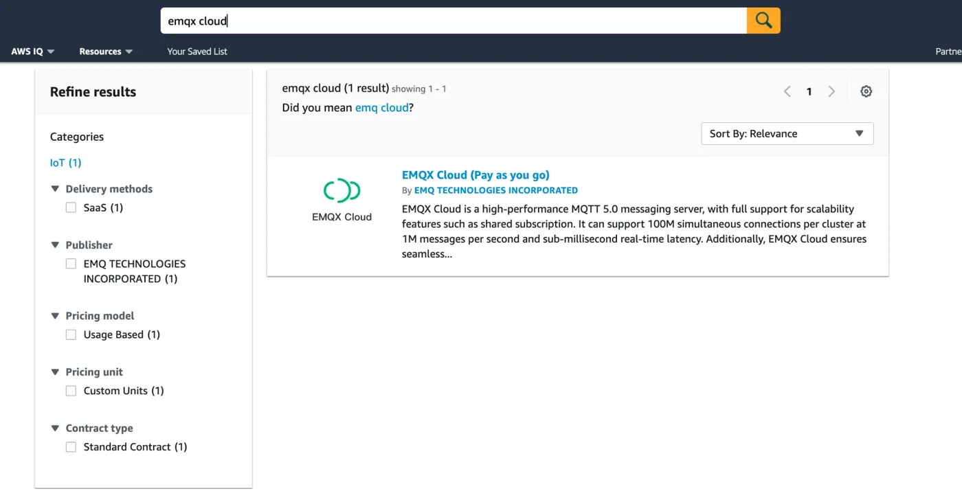 在 AWS Marketplace 上搜索 EMQX Cloud 图1.png