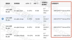 2.7 GHz主频AMD EPYC Genoa 9T24，睿频最高3.7 GHz计算性能稳定