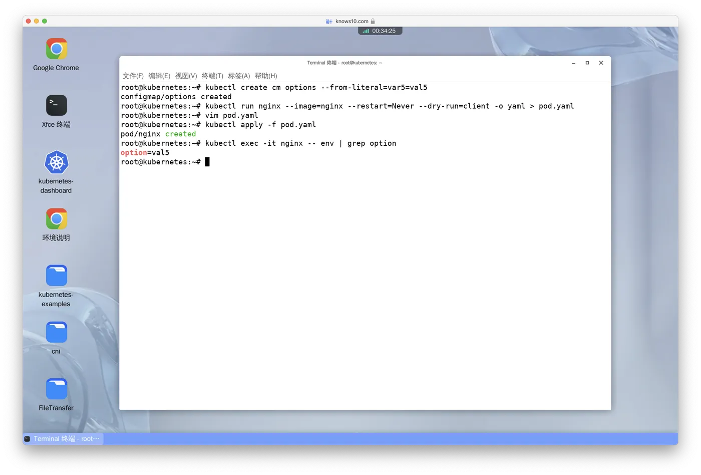 Create a configMap called 'options' with the value var5=val5. Create a new nginx pod that loads the value from variable 'var5' in an env variable called 'option'