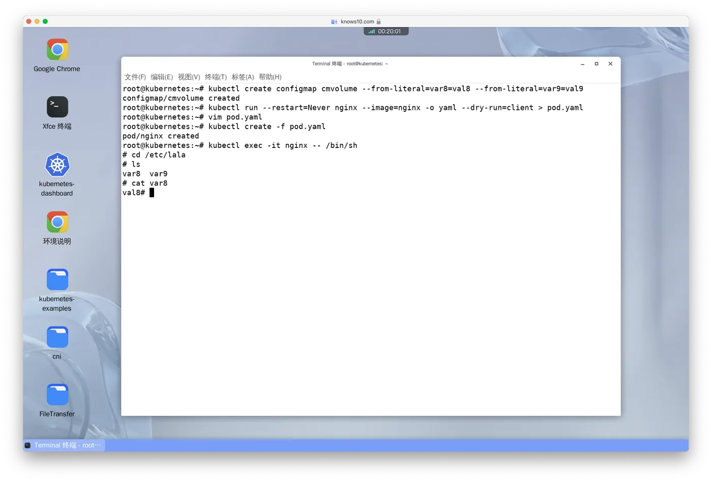 Create a configMap 'cmvolume' with values 'var8=val8', 'var9=val9'. Load this as a volume inside an nginx pod on path '/etc/lala'. Create the pod and 'ls' into the '/etc/lala' directory