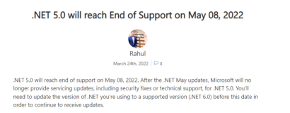 微软：.NET 5.0 将于 2022 年 5 月 8 日终止支持