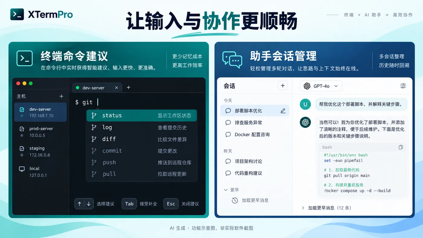 终端命令建议与助手会话管理示意