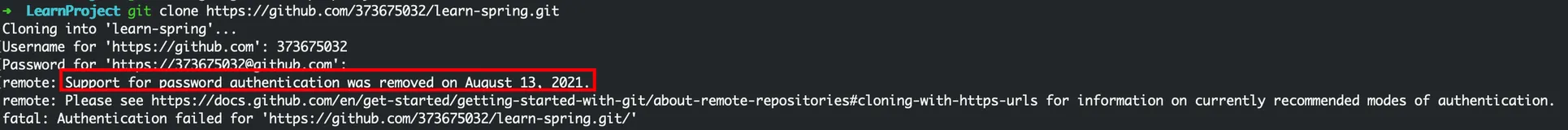 解决方案：Github Support for password authentication was removed on August 13, 2021.