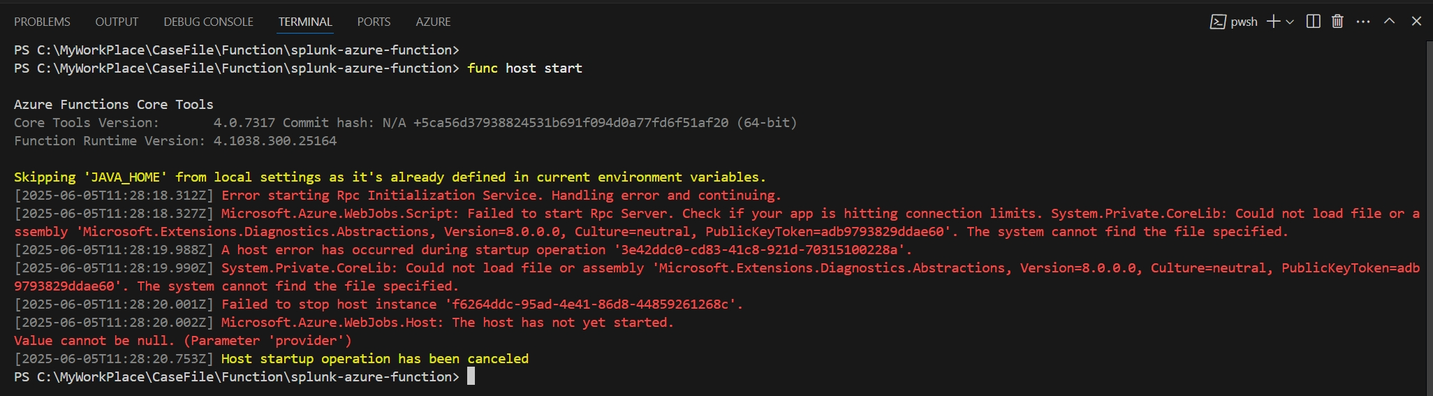 【Function App】本地通过VS Code调试Function时候遇见无法加载文件错误Microsoft.Extensions.Diagnostics.Abstractions