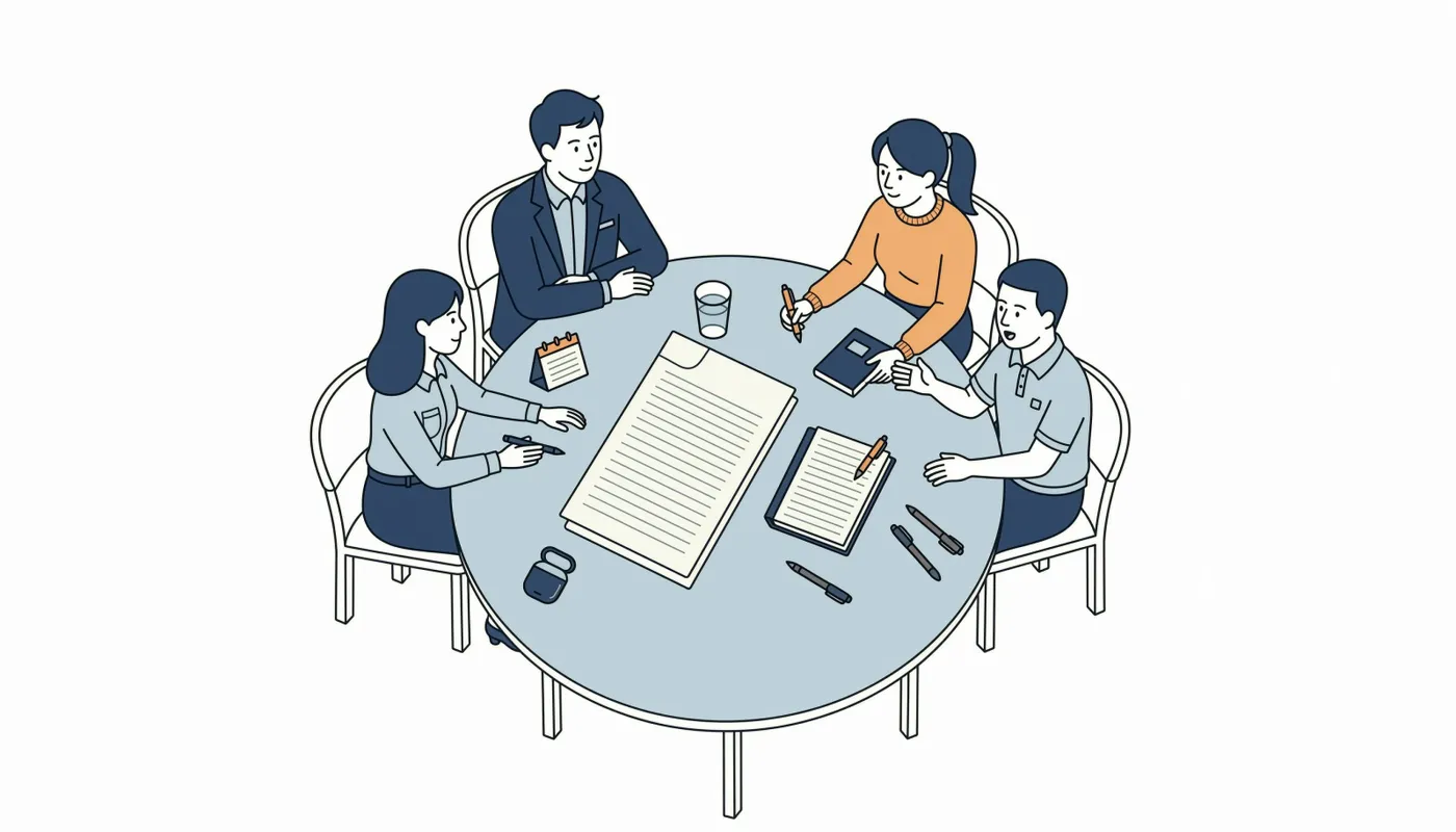 项目启动会上团队成员围坐圆桌对齐风险判断口径，有人讲解方案，有人记录