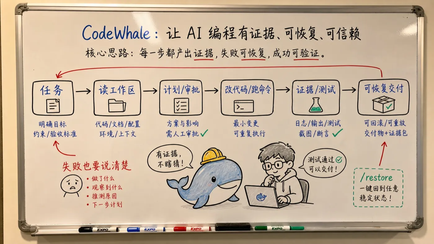 CodeWhale 趣味创作白板:从任务到证据、测试和可恢复交付