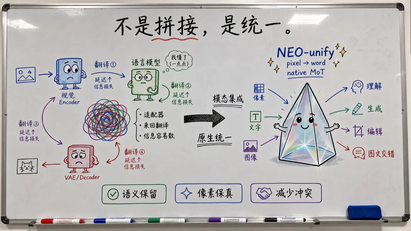 趣味创作白板图:传统多模态拼接与 SenseNova-U1 原生统一路线对比