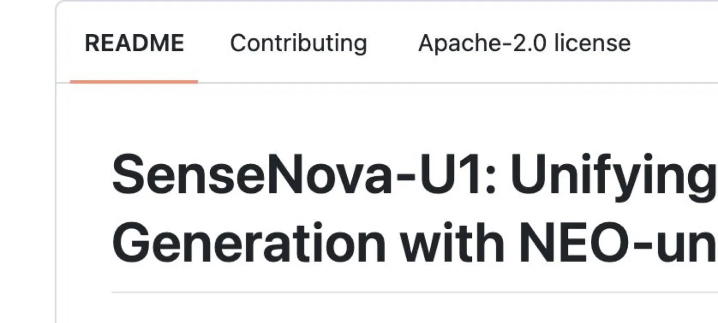 SenseNova-U1 项目原始素材:官方截图,NEO-unify 主视觉与像素到文字的统一路线