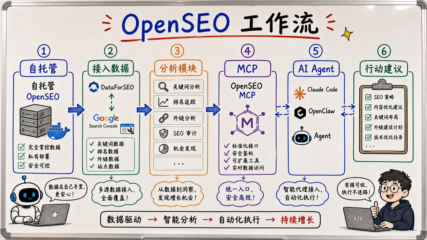 白板流程图：OpenSEO 自托管、数据源、MCP 和 AI Agent 工作流