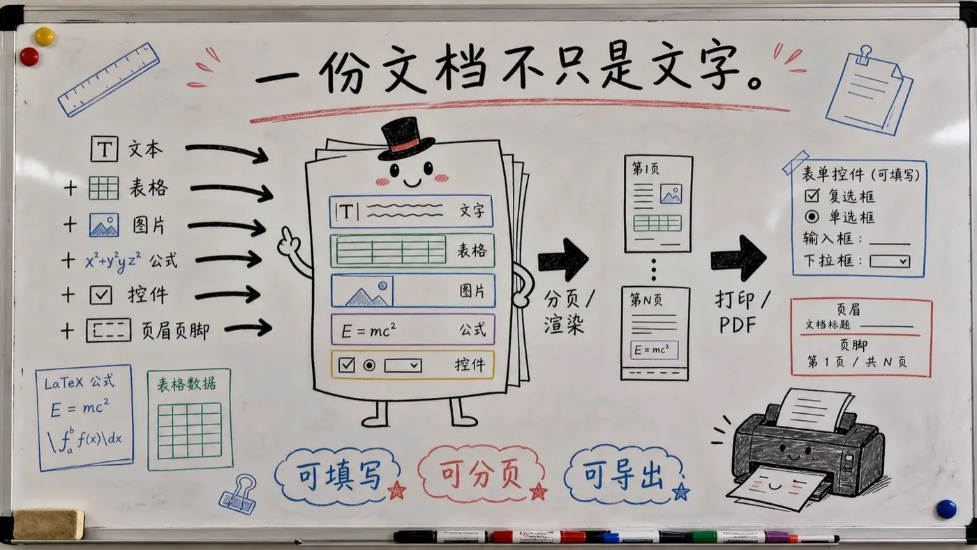 趣味创作白板图：Canvas Editor 如何把文字、表格、公式和控件组成可打印文档