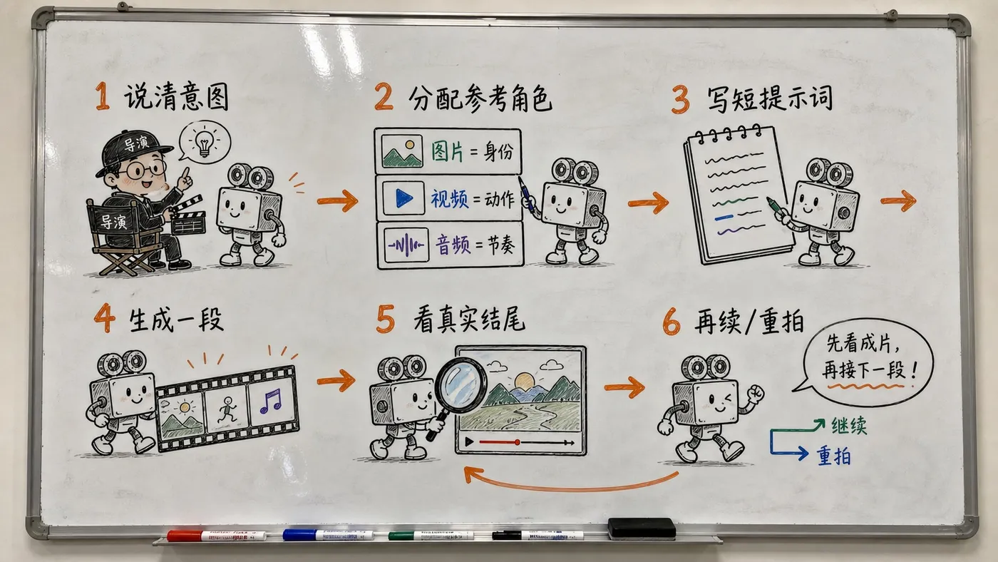 白板流程图：Seedance 2.0 Skill OS 的六步生成闭环