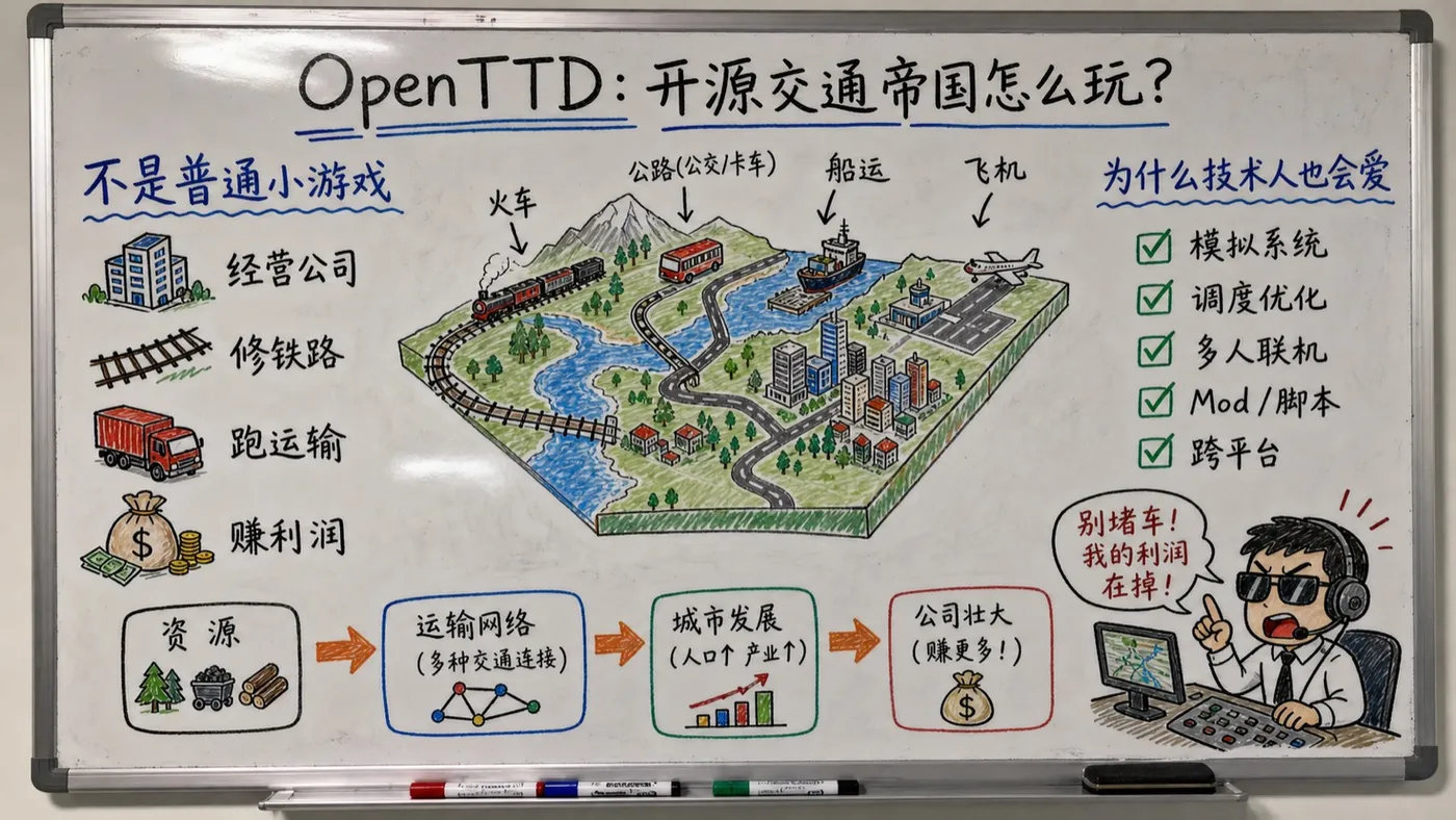 白板手绘创作图：OpenTTD 玩法定位