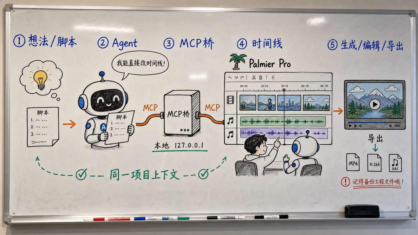 白板流程图：Palmier Pro、Agent 与 MCP 的协作闭环